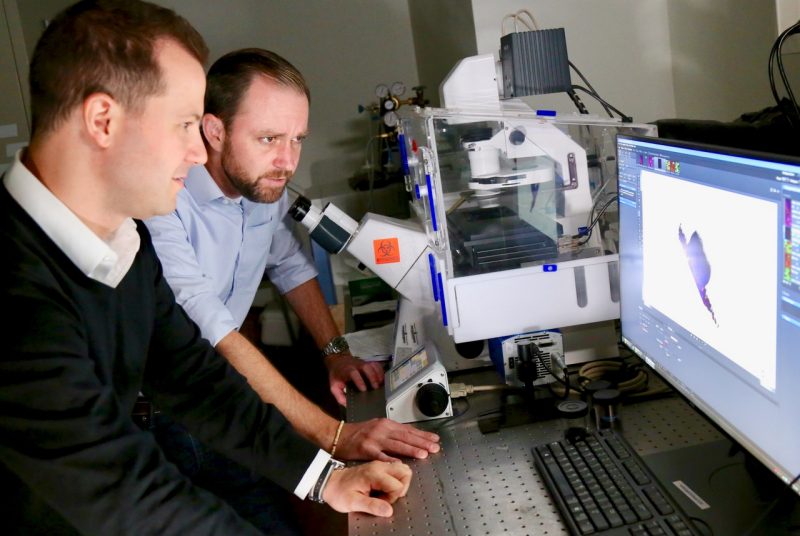 Picture of Daniel Slade on the left and Scott Verbridge on the right, in front of a computer in a lab.