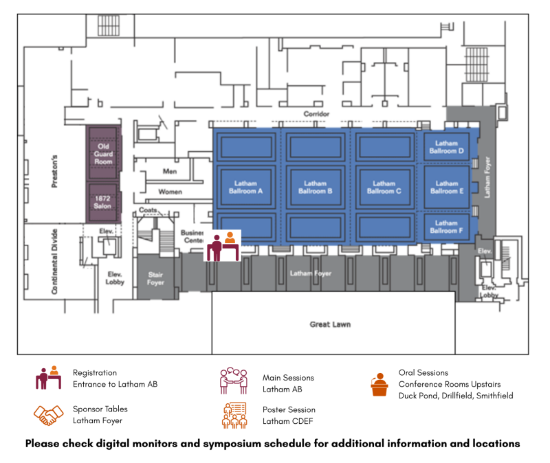 Map of first floor of the Inn at Virginia Tech, displaying room names and their locations