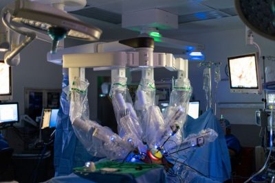 One of Carilion Clinic’s six robots is docked to perform colorectal surgery at Carilion Roanoke Memorial Hospital.