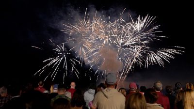 A crowd of people seen from behind while bright white fireworks explode against a black sky.