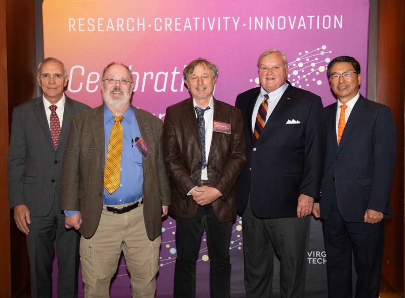 From left: Cyril Clarke, Joseph Eska, Robert Gourdie, Jake Lutz, and Dan Sui. Eska and Gourdie were named recipients of the 2025 Jacob A. Lutz III Award for Eminent Scholars. Not pictured, Walid Saad. Photo by Charles Chalmers for Virginia Tech