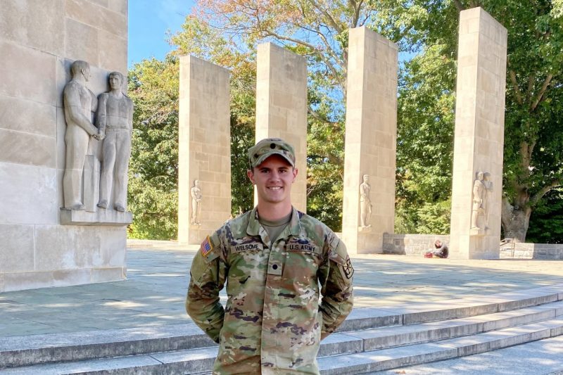 Cadet Jack Welsome poses in front of the Pylons on Virginia Tech’s Blacksburg campus.